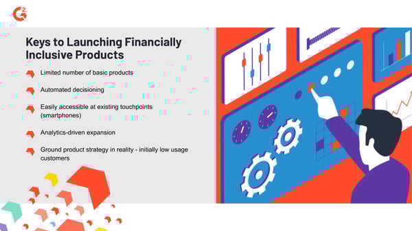 Limiting the number of basic products, automated decisioning, accessibility at existing touchpoints, analytics-driven expansion, and developing a realistic product strategy are all keys to launching financially inclusive products