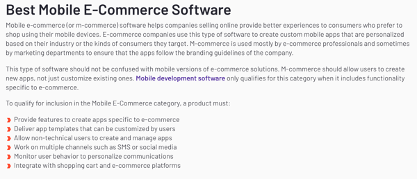 example of G2 software category definitions for mobile e-commerce software