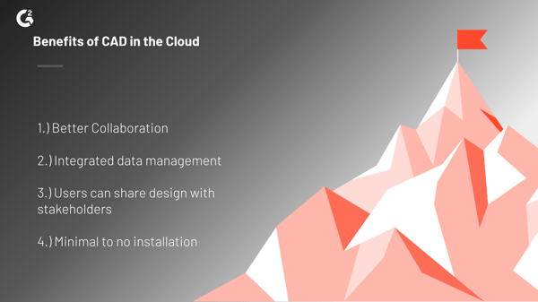 Graphic showing benefits of CAD in the Cloud: better collaboration, integrated data management, users can share design with stakeholders, and minimal to no installation